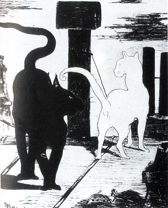 Э. Мане рисовал кошек в 'естественной среде', в частности на одной из парижских крыш. Эту литографию поместил французский журналист Ж. Юссон на обложке своей первой обстоятельной книги 'Кошки'