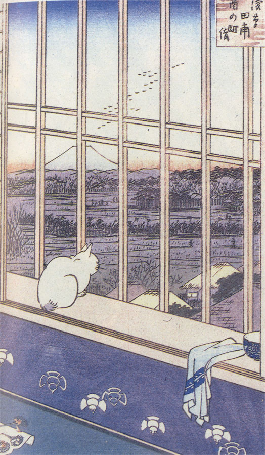 Работа японских художников - 'Кошка, смотрящая в поля Асакуса'