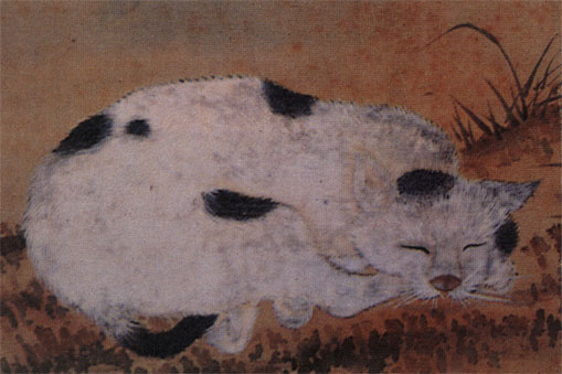 Работа японских художников - 'Кошка, спящая среди пионов'
